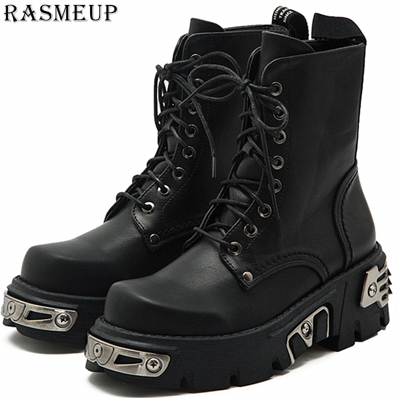 RASMEUP 6CM Punk Stijl Platform Vrouwen Enkellaars vrouwen Motorfiets Boot Mode Dames Chunky Schoenen Metalen Decor zwart
