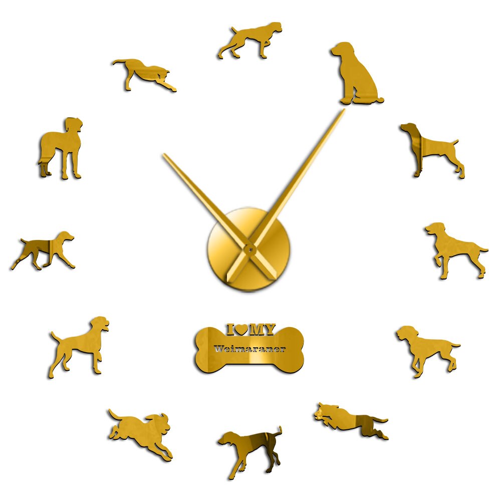 Modern Weimaraner Dog Breed 3D Acrylic DIY Wall Clock Doggie Canine Portrait Self Adhesive Wall Stickers Clock For Dog Lovers: Gold / 47inch