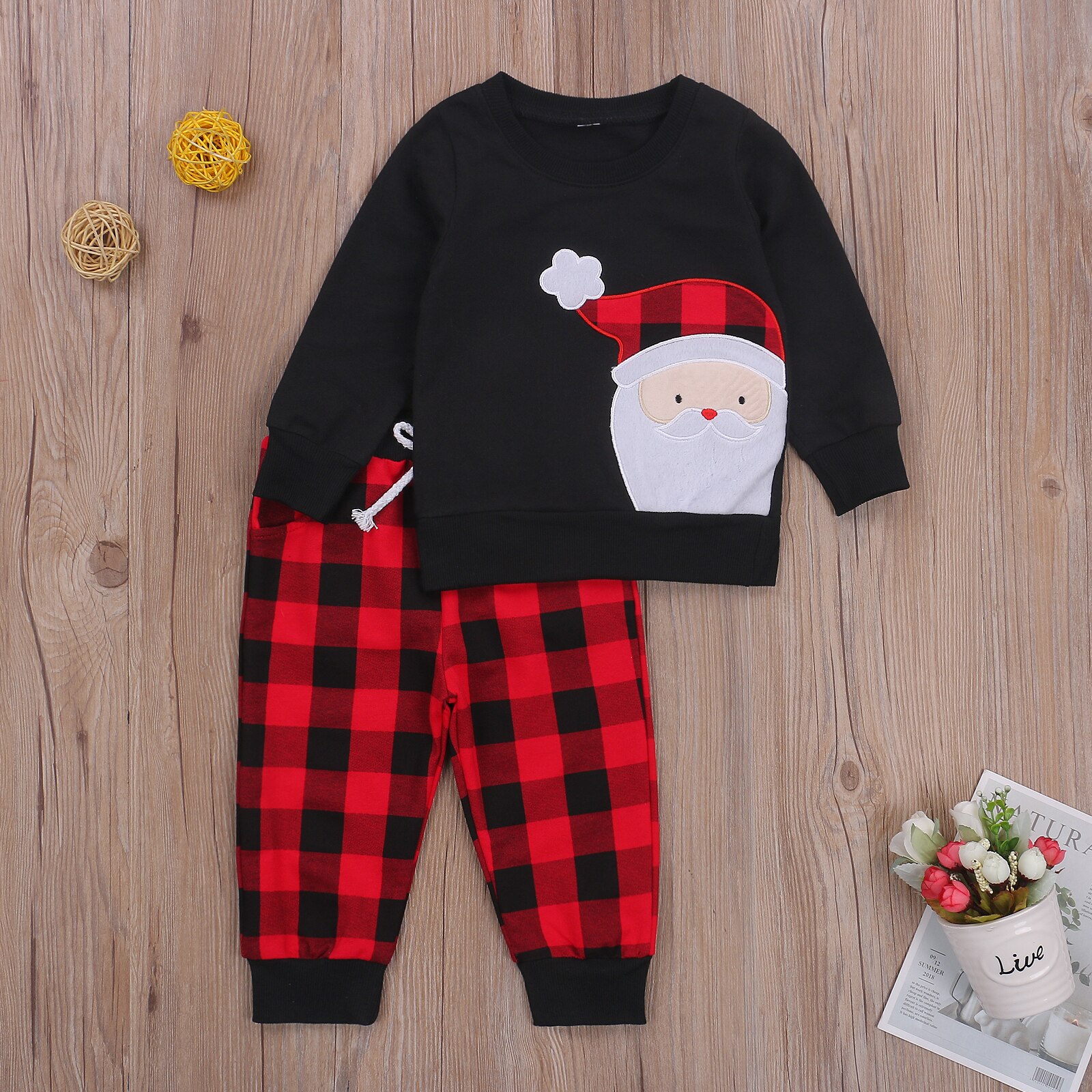 Baby Jongen Lange Mouw Broek Pak Cartoon Kerstman Trui T-shirt En Klassieke Plaid Elastische Lange Broek Homewear