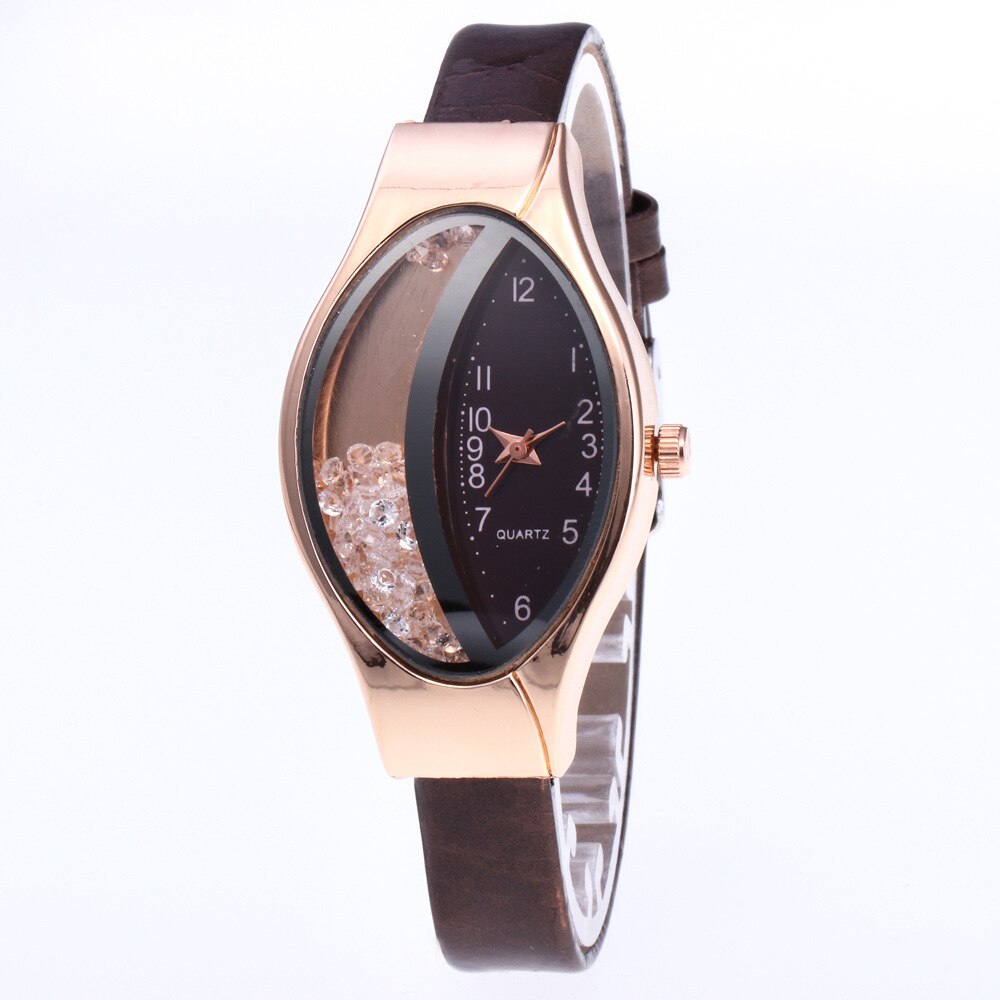 Unique Ladies Quartz Movement Watch Oval Half Moon Dial Half-side Rhinestone Ball Quicksand for Woman Leather Strap: Brown