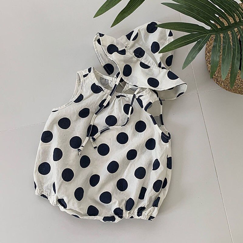 Sommerliche babykleidung, coole babybodys für mädchen, leinen-jumpsuits für jungen, ärmellose babyoutfits mit punktmuster: Schwarz / 6m