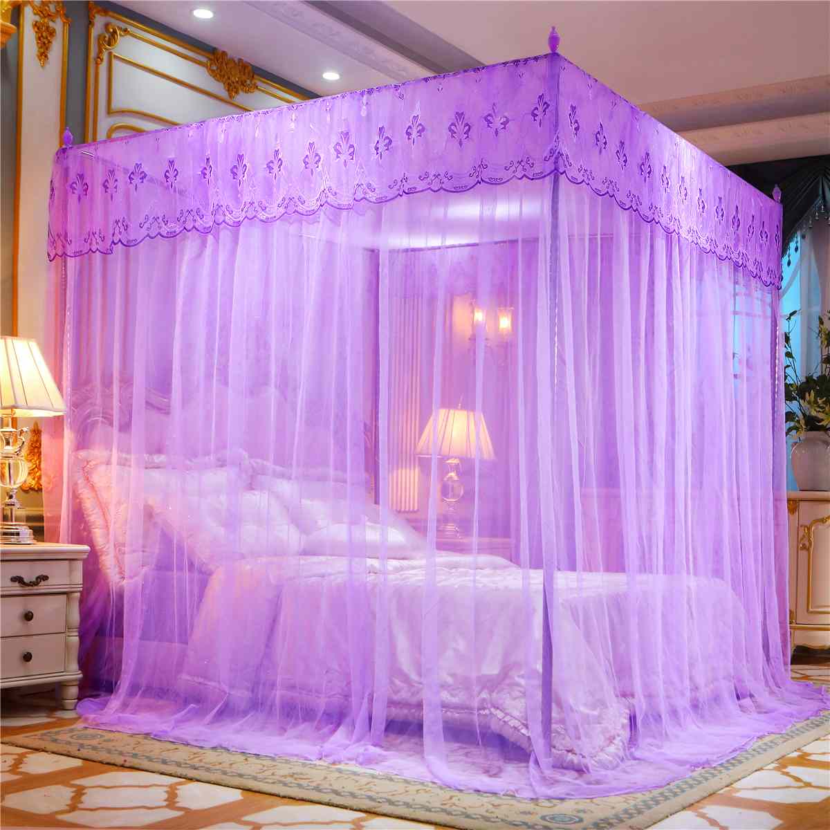 Four Corner Mosquito Netting Canopy Mosquito Net For Double Bed Mosquito Repellent Tent Insect Reject Canopy Bed Curtain: violet