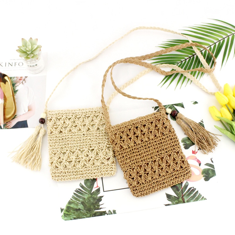 Femme été tissé creux paille croix corps sacs fermeture éclair crochet fleur sac de messager gland paille sac à bandoulière marron beige 2 couleur