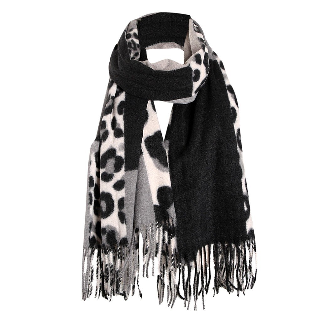 Leopard print winter women wool Brand shawl hijab luxury for ladies long scarves thick oversize pashmina#g3: Black