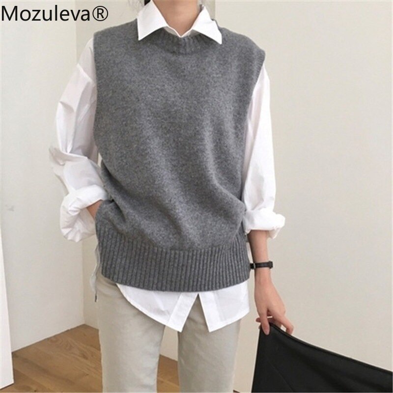 Mozuleva kvinder sweater vest o-hals ærmer pullover strikket vest kontor dame temperament afslappet chic vest coatwinter