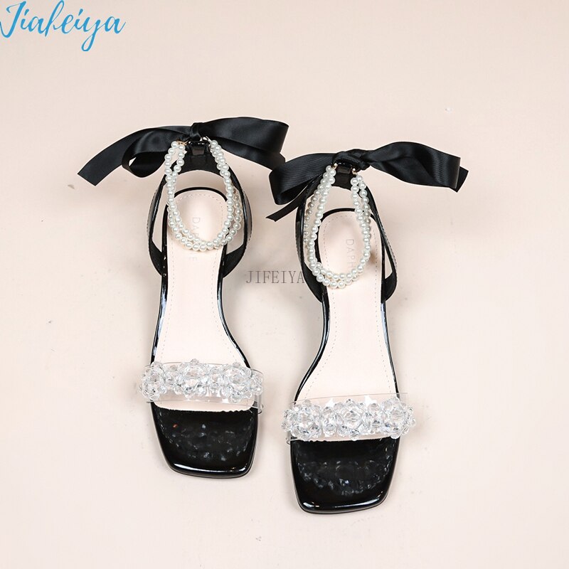 Sandales à talons hauts pour femmes, ruban de perles Transparent, moyen avec sandales, chaussures à bout ouvert, chaussures à plateforme à la