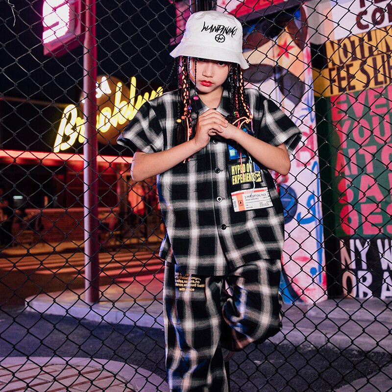 Mode Jazz Dance Kostuum Kids Hip Hop Kleding Meisjes Modern Jazz Stage Performance Slijtage Kinderen Plaid Shirt Broek DQS1462