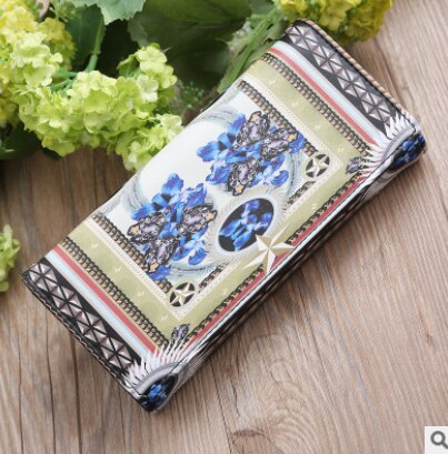 Retro kvinner skinn lang lommebok kortholder telefonveske etui med blomstertrykk clutch veske dame håndveske myntlomme: D