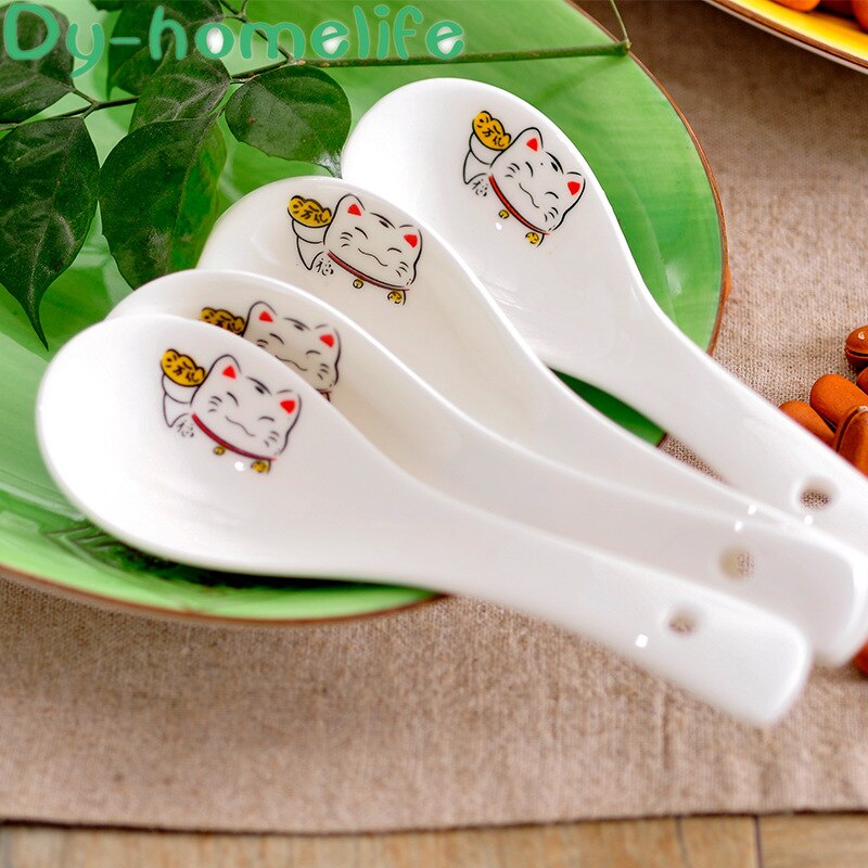 Ceramic Soup Spoon 14cm Japanese White Lucky Cat Bone China Dinnerware Restaurant Household Kitchen Supplies Tableware