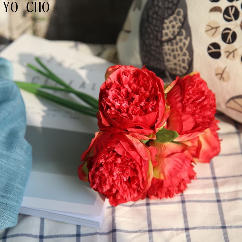 YO CHO Mode Bruid Hand Bloemen Mooie Pioen Bruidsboeketten Kunstmatige Rose Zijden Bloemen DIY Boeket Witte Pioen Rode Roos