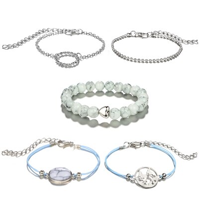 Tocona Bohemian Zilver Kleur Kaart Steen Gelaagde Armbanden Set voor Vrouwen Meisje Geometrische Groene Kralen Hanger Armband 6906: Default Title