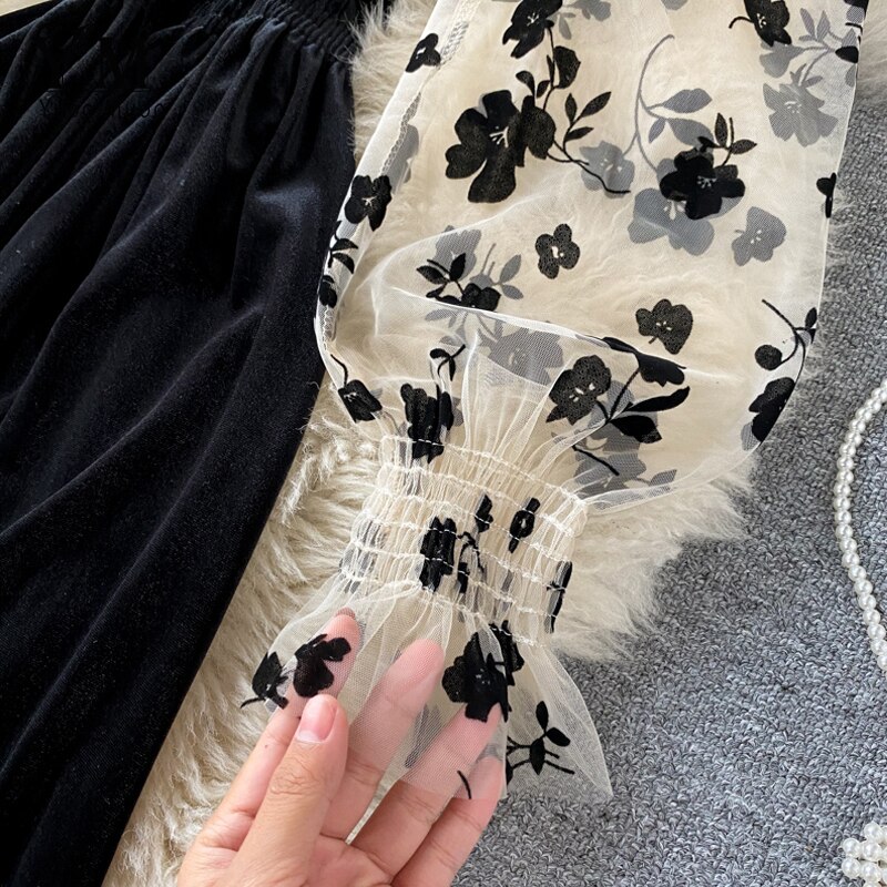 Yuoomuoo ranskalainen vintage naiset sametti musta juhlamekko syksy talvi mesh puff hiha midi pitkä mekko naisten mekot