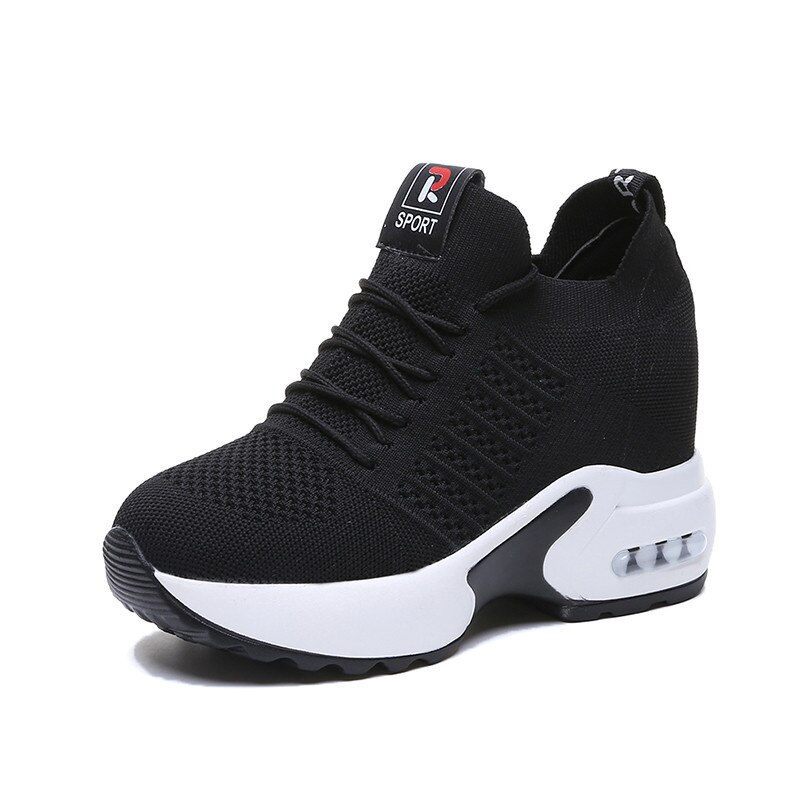 Kvinner sommer mesh plattform joggesko sneakers hvite sko 9.5cm høye hæler kiler utendørs sko pustende fritidssko kvinne: Svart / 7