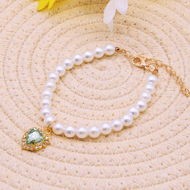 Collar de perlas de lujo para mascotas, colgante para gato y perro, suministros para mascotas, Collar de cristal de amor, Collar para gatito: Blanco