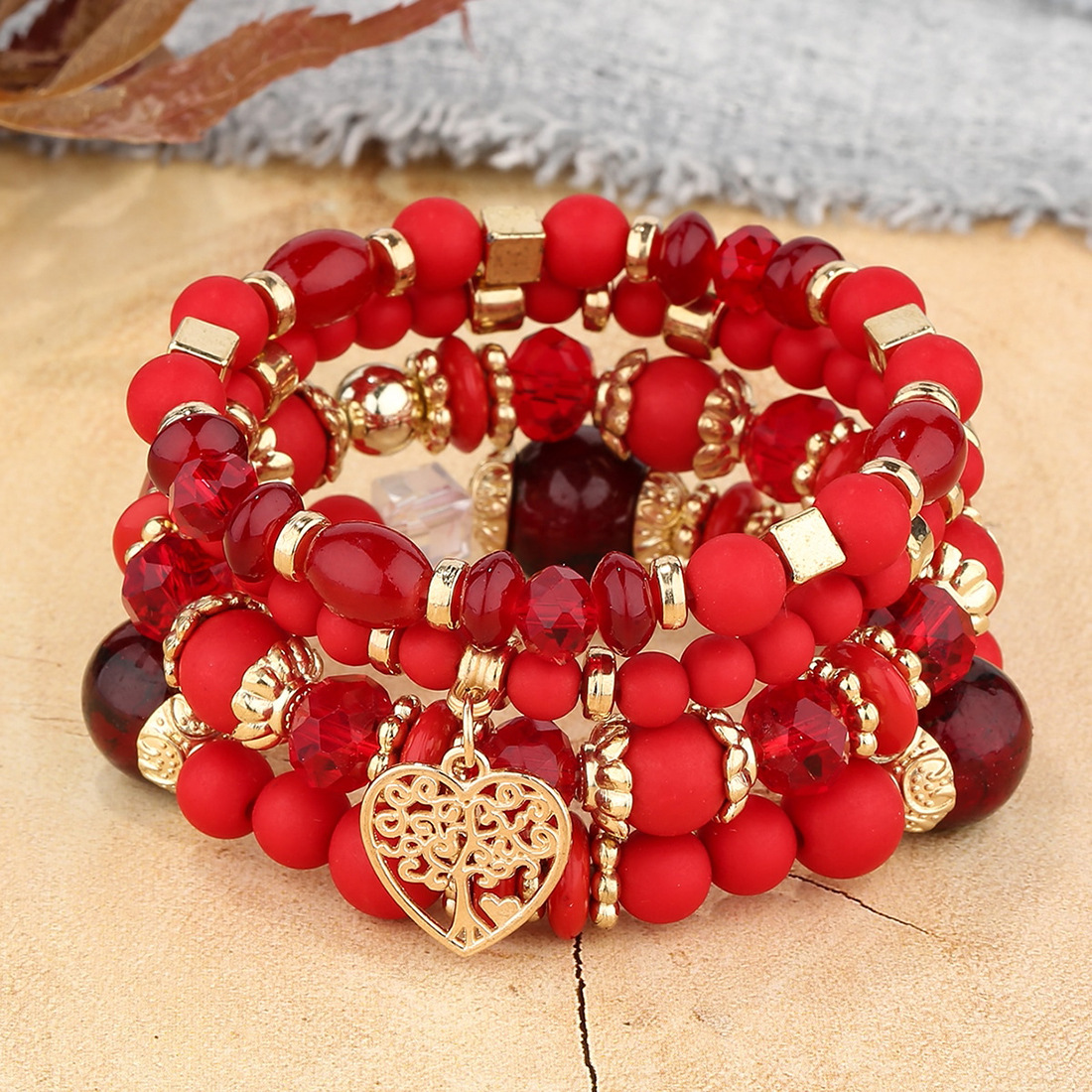 Conjunto de pulsera de corazón de árbol de la vida para mujer, cadena de cuentas de cristal acrílico, brazalete elástico, joyería de de femenina, 4 Uds.