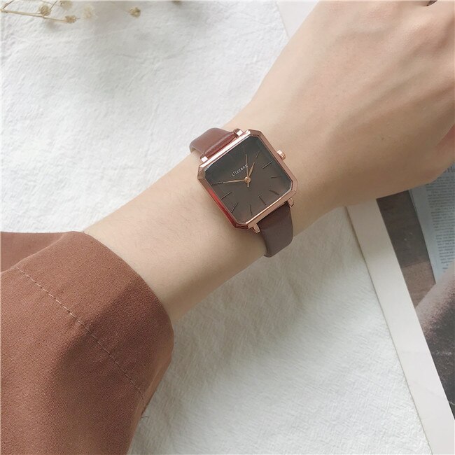 Montres en argent pour femmes, carré Vintage pour dames, Ulzzang, montre à Quartz décontractée avec bracelet en maille: Marron