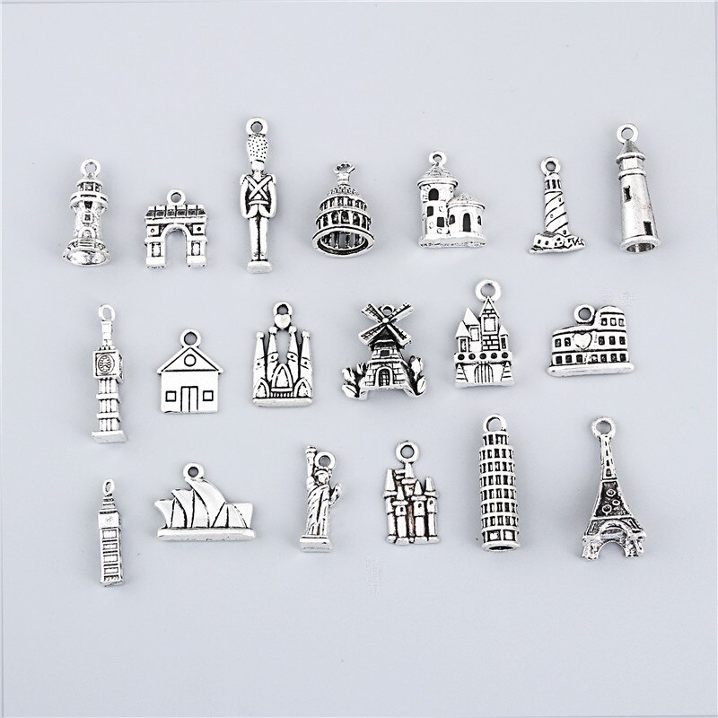 19Pcs Mix Zilver Kleur Lichtmetalen Soldaat Kasteel 3D Mini Tower Charms Building Hanger Sieraden Bevindingen Fit Accessoires M78