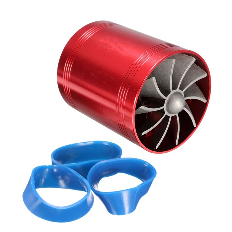 Universal Car Double Turbine Turbo Charger Air Intake Gas Fuel Saver Fan Auto Car Supercharger: Red