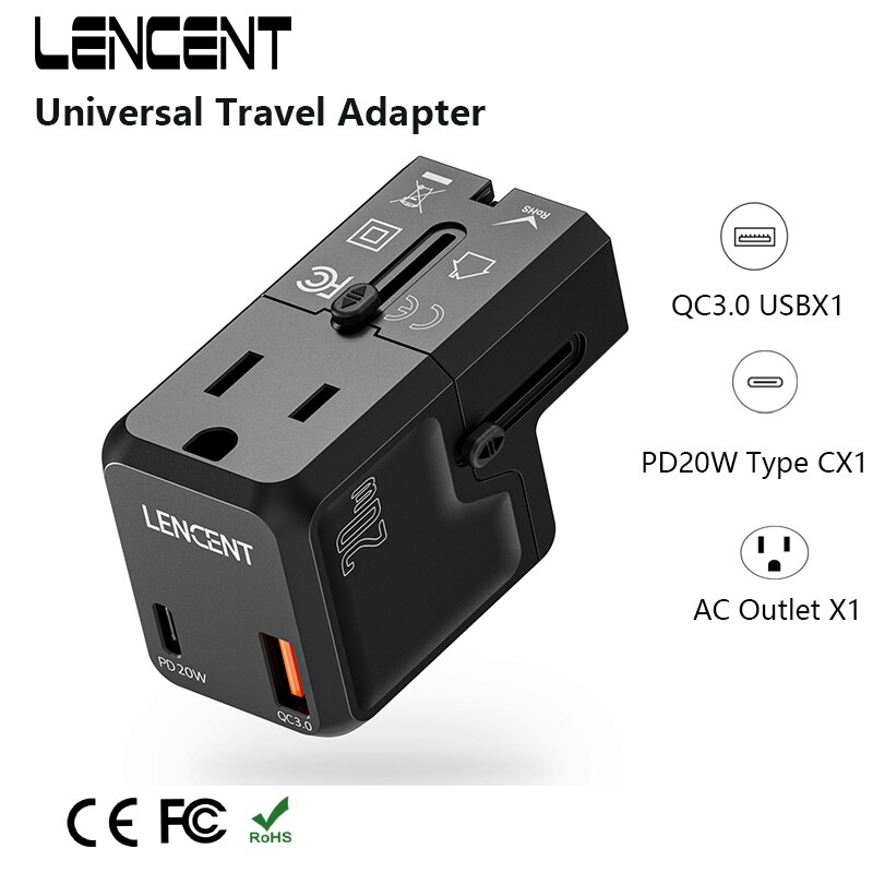 Lencent universal reiseadapter med 1 ac uttak 20w 1 usb  qc 3.0 port og 1 pd hurtiglader, strømadapter for usa, eu, storbritannia og australia