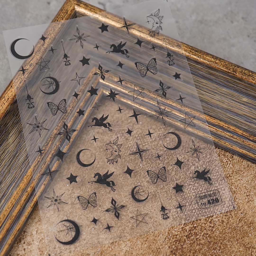 Pferd Sterne Mond 5D Geprägt Schmetterling Nagel Aufkleber Kunst Presse auf NäGel Decals Dekorationen Transfer Nagel Folie Manikübetreffend: 420 Schwarz