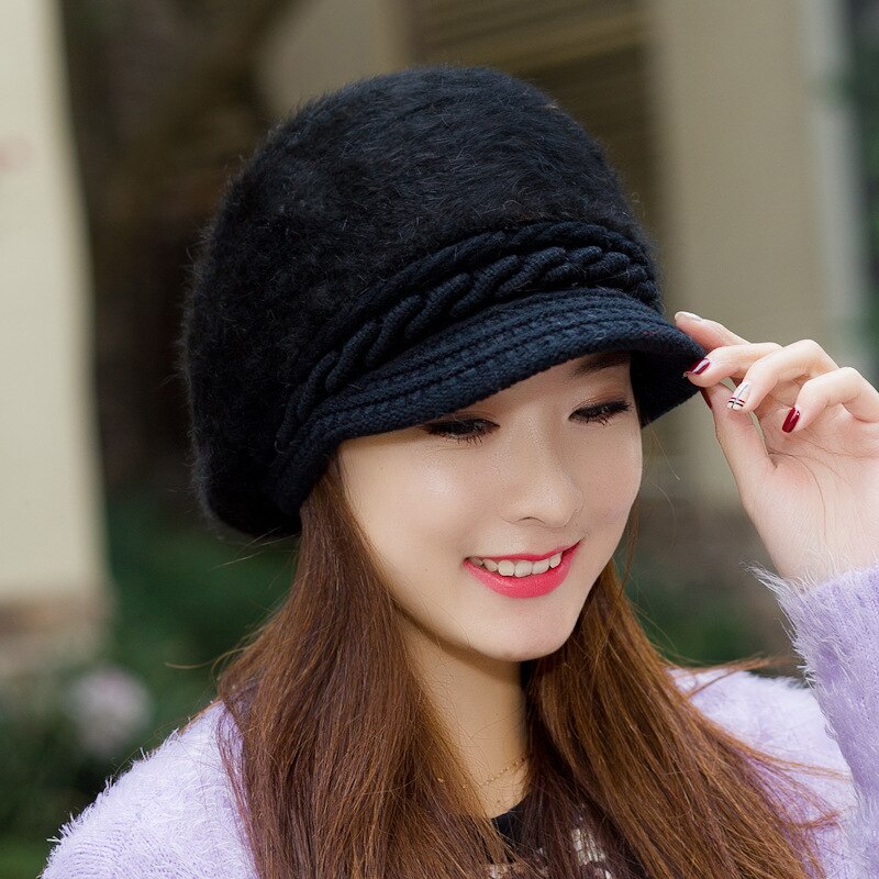 LINJW Koreanische Stil Winter Hüte Warme frauen Hütte Herbst Pelzigen Mütze Hüte für Mädchen Weibliche lässig Barett Hütte Frühling kurze Krempe Kappe: Schwarz