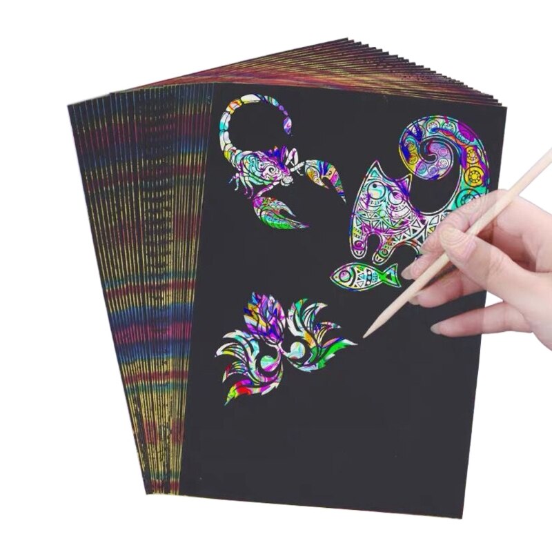 Juego de papel artístico para rascar, 50 Uds., kit de suministros para manualidades de arte, arcoíris, novedad de