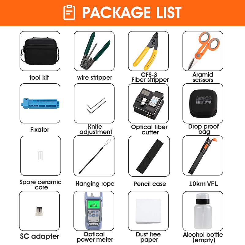 FTTH Fiber Optic Tool Kit AUA-S2 Fiber Cleaver Optical Power Meter 10MW Visual Fault Locator with Stripping Pliers
