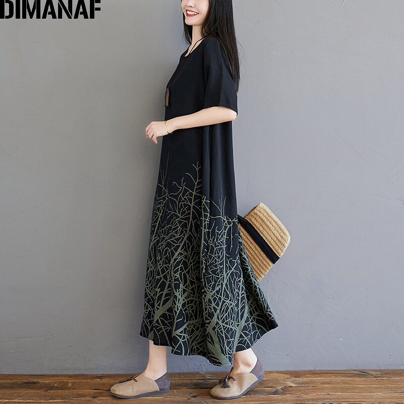 Dimanaf plus size vestido feminino elegante do vintage impressão senhora vestido estilo chinês algodão roupas femininas verão vestido maxi