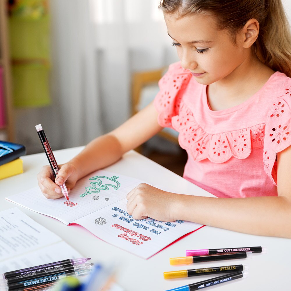 12pcs Outline Metallic Marker Pen Doodle Markers Double Line Magic Shimmer Paint Pens With 8 Small Cards