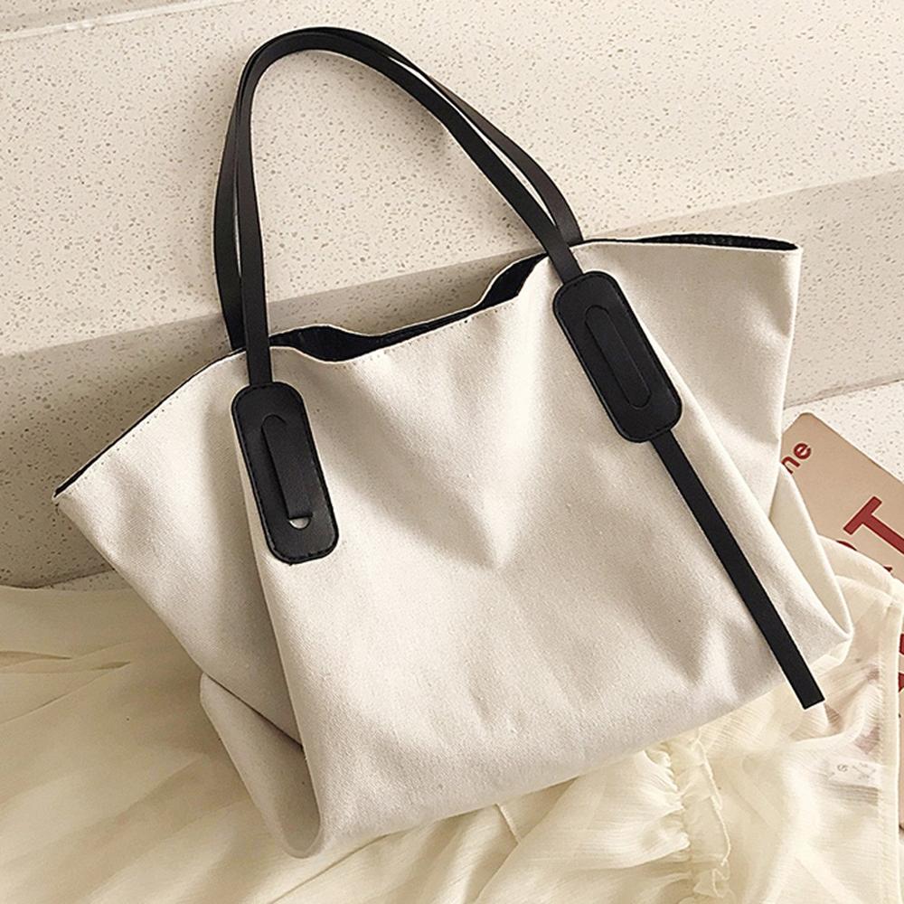 Large Capacity Canvas Shoulder Bags for Women Shopping Handbag Solid Color Multipurpose Shoulder Bags #20: White