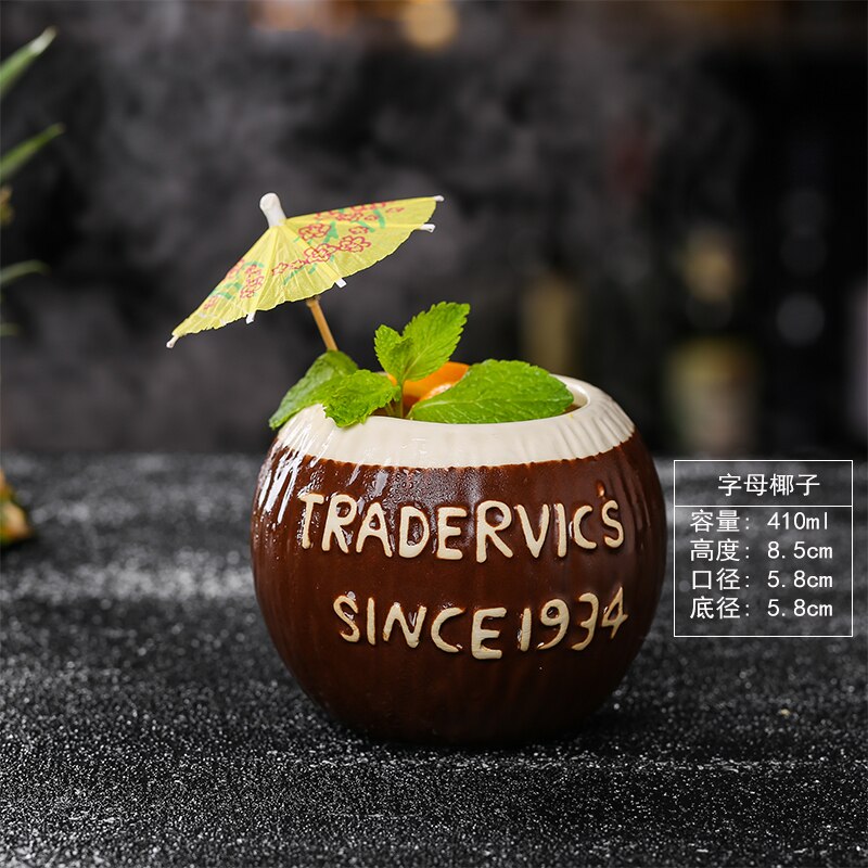 Copa de cóctel TIKI con forma de cráneo, recipiente de cerámica con estatua de Dios del Bar Hollywood, mezclador divertido de bebidas frías, vaso de vino artesanal: Coconut