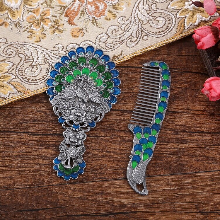 Makijaż lustro chiński Vintage Hollow-out rzeźba Rhinestone lustro zestaw grzebieni z pudełko eleganckie z kieszeniami lustro dla kobiet: 14