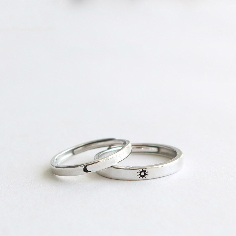 Zilveren Ring Eenvoudige Stijl Maan Zon Verstelbare 925 Paar Ringen Voor Meisjes Jongens Beste Vriend Sieraden