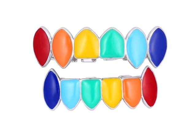 6ix9ine Rainbow Hip Hop Colorful 69 Oil Gold Dent Teeth Grillz Top and Bottom Set With Free Silicone Box Caps Packing: silver set