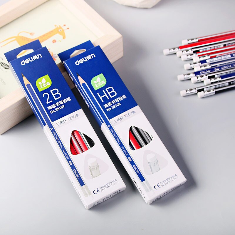 A box of Deli 2B, Hb triangular advanced graphite writing sketch pencil, with rubber head pencil, student office stationery
