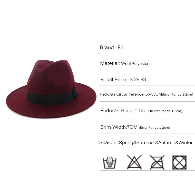 Fs ullgrå svart fedorahatt klassisk bred hatt herre kvinner vintage topp jazzhatt bowler sombrero filthette med bånd