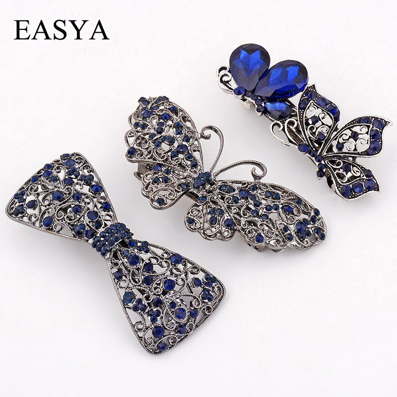 EASYA Vintage niebieski Rhinestone Hairwear motyl kwiat klamry do włosów kobiety spinki do włosów Retro łuk akcesoria do włosów biżuteria