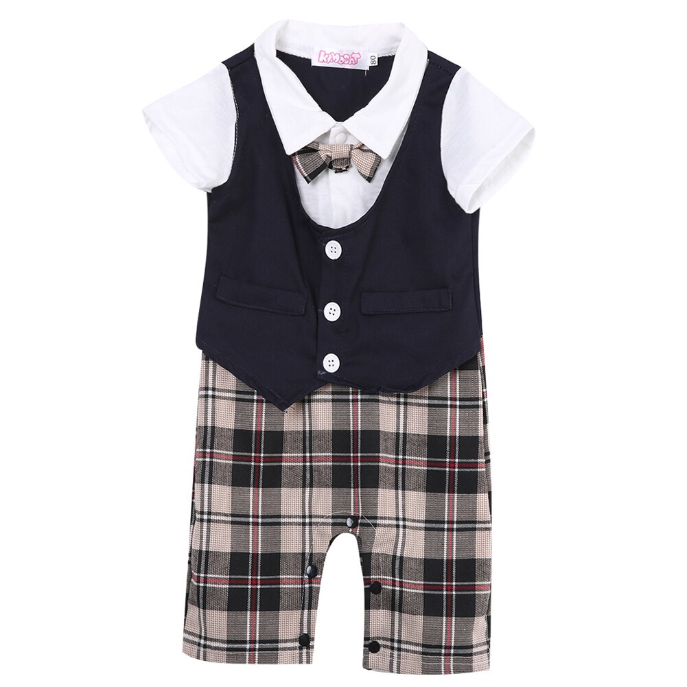 Mode Plaid Katoen Pasgeboren Kid Baby Boy Baby Outfits Jumpsuit Rompertjes Gentleman Set: Blauw / 12m