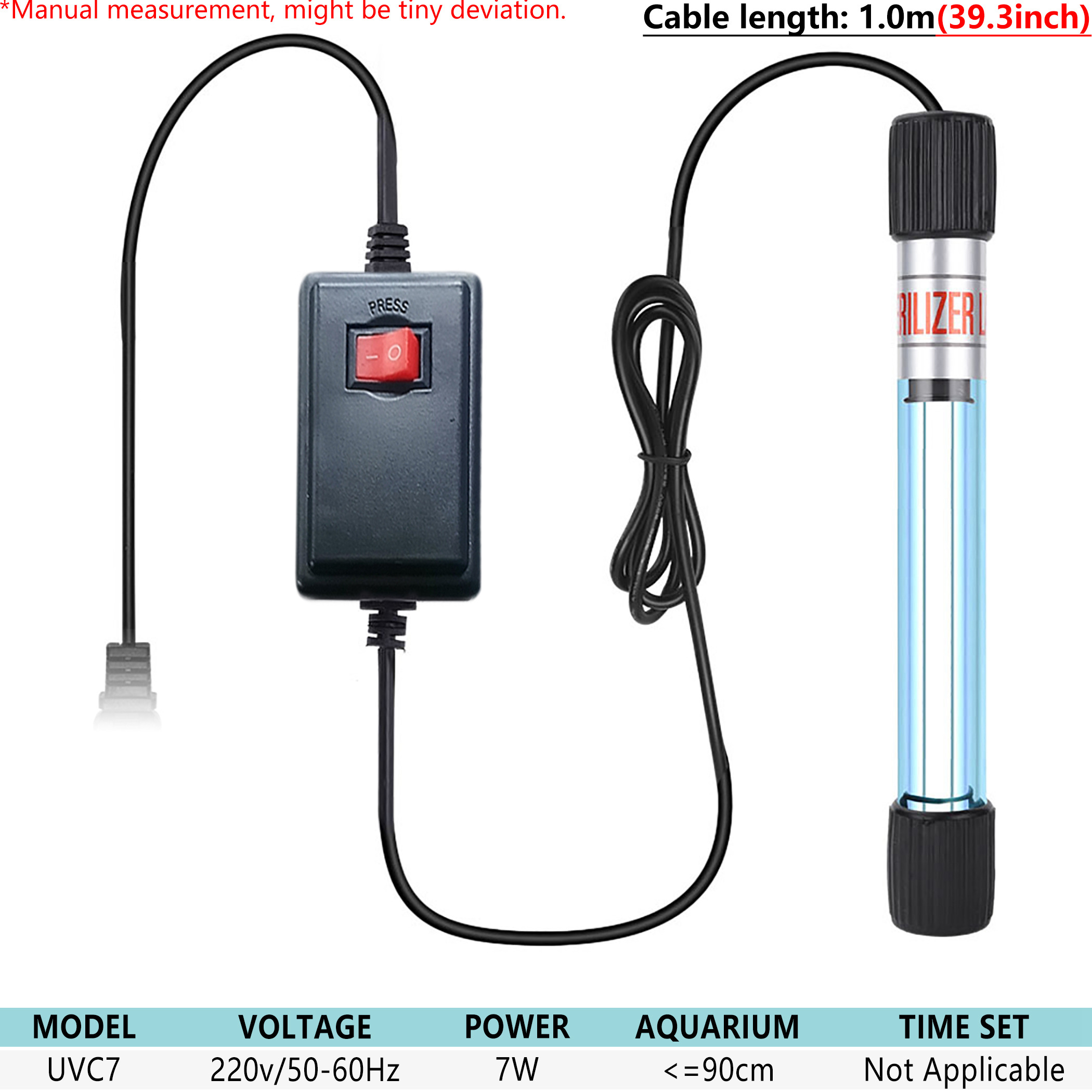 Manual Button 220V Submersible UV Light, Aquarium Underwater Clean Green Algae Water Ceaning Lamp Used in Sump Tank: UVC7 7W / EU Plug