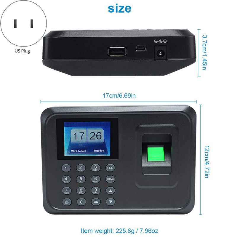 US Plug,H1 Intelligent Biological Fingerprint Password Attendance Machine Employee Sign-In Recorder