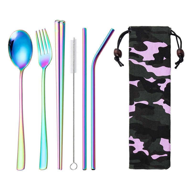 Portable Travel Stainless Steel Utensils Cutlery Set with Spoon,Fork,Chopsticks,Straw 6pcs: colorful 6pcs