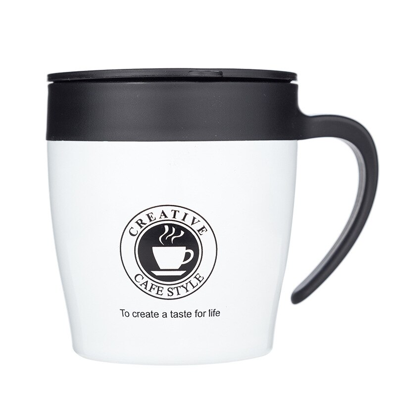 Taza de café ecológica de acero inoxidable de 330ml, taza con cuchara, taza que se agita sola, taza de café de viaje con aislamiento al vacío para oficina: Blanco