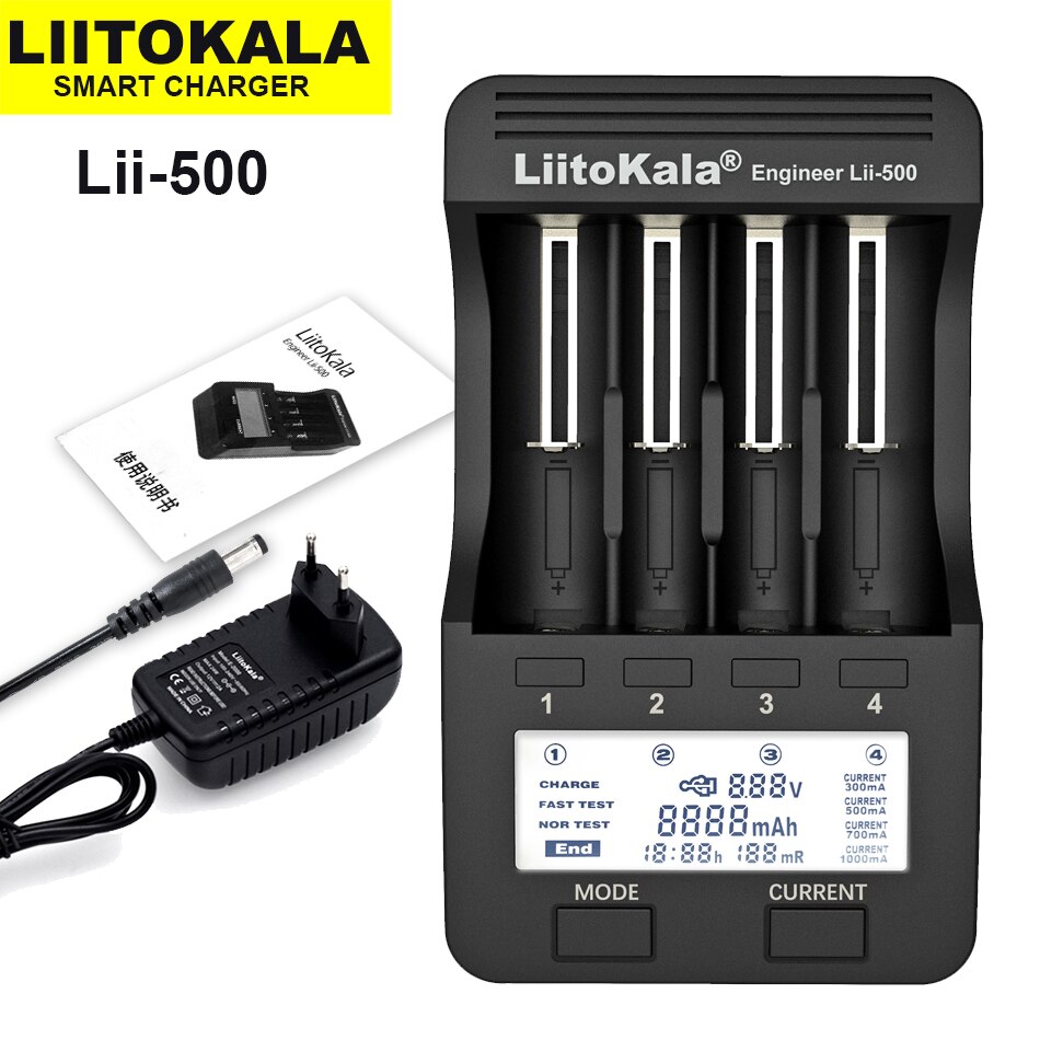 Liitokala lii -500 lii -202 lii -500s lii -s8 lii -600 lcd 3.7v 18650 18350 18500 21700 14500 26650 aa nimh litiumakkulaturi: Lii -500 ja sovitin
