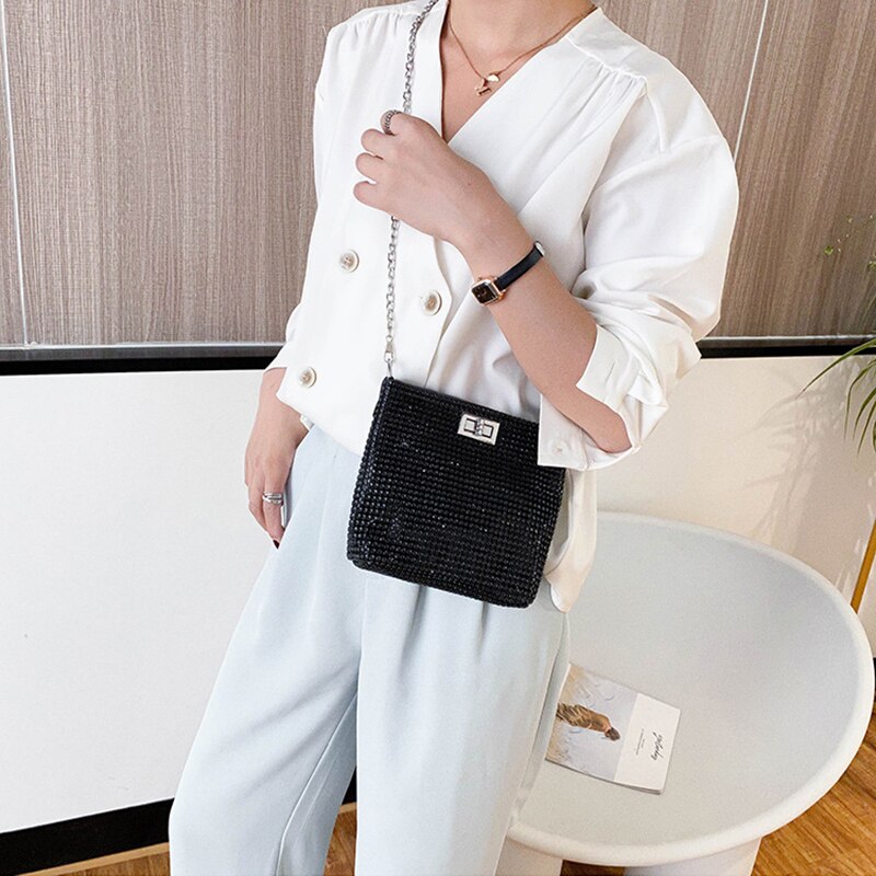 Diamanten Crossbody-tasche Für Frauen Neue PU Leder Elegante Schulter Taschen Kette Sommer Dame Eimer Umhängetasche