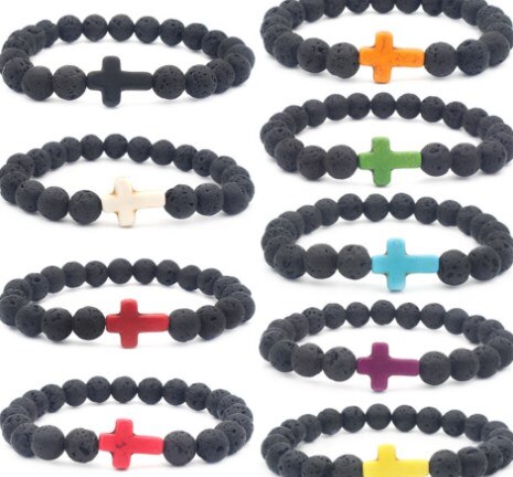 8mm noir volcanique pierre de lave xf323 v croix rouge bleu rouge turquoise Yoga élastique fil ajuster perle pierre Bracelet bracelets: random color
