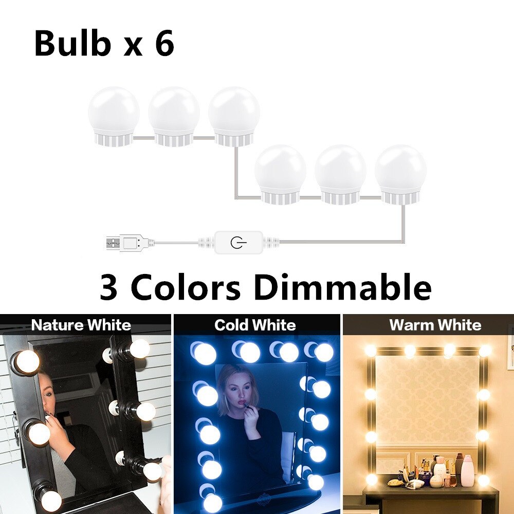 Ampoule USB pour miroir de maquillage, lampes de vanité Hollywood, applique murale à intensité réglable, Kit d'ampoules 2 6 10 14 pour coiffeuse: 6pcs dimmable