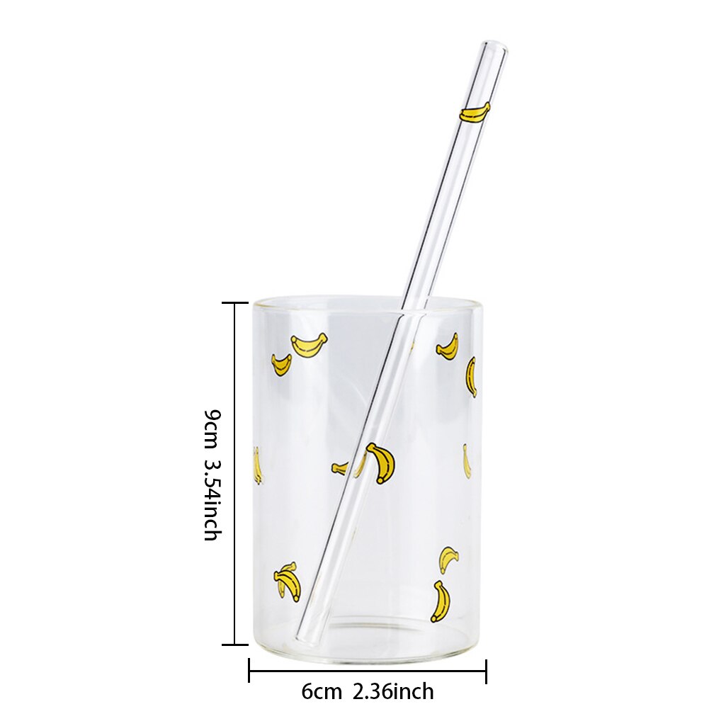 Cute Fruit Printed Glass Mug Cup Heat-resistant Milk Juice Glass Water Cup with Straw Beer Coffee Cup Whiskey Lemon Tea Mugs: C 210ml