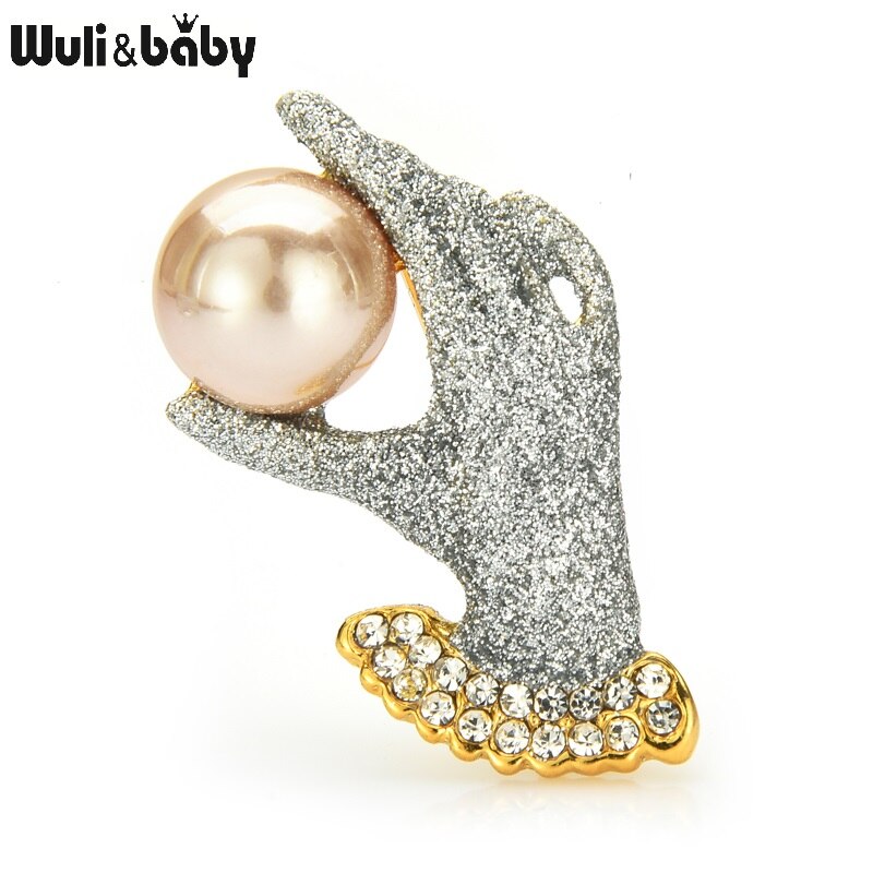 Wuli & del bambino della Holding della Mano Della Perla Spille Per Le Donne Sparkling Oro Argento Guanti di Colore Ufficio Casual Spilla Spilli Regali