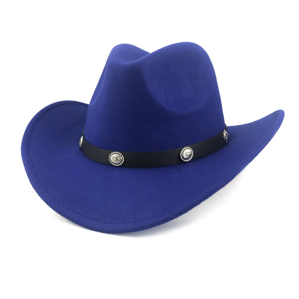 YY-gorra clásica de vaquero occidental para hombre y mujer, sombrero con cinturón de cuero pu, gorros de Jazz para vaquera, 9 colores, CB20070: Blue Cowboy Cap