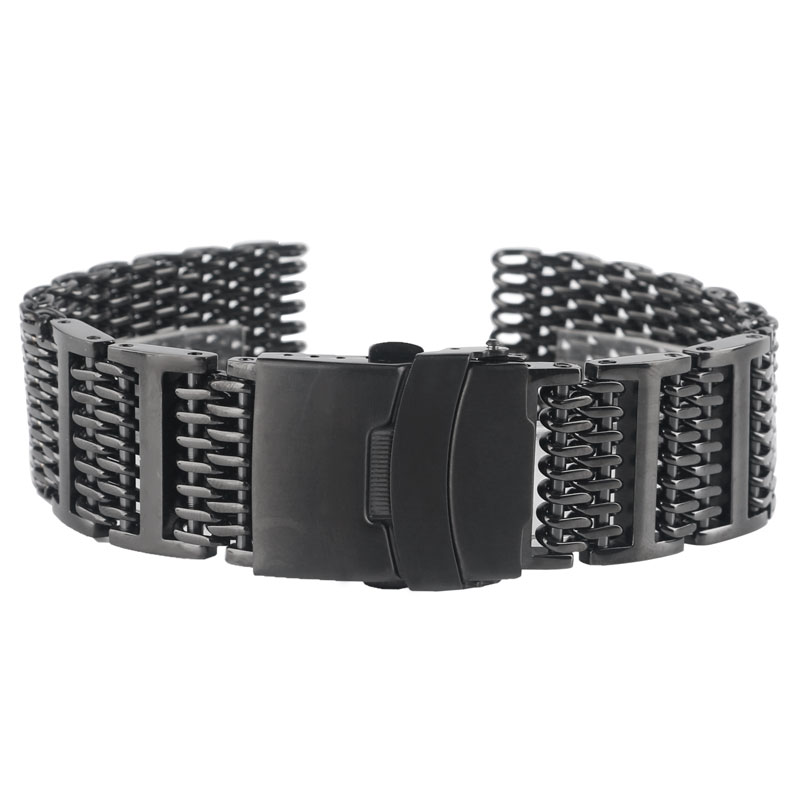 HQ 20mm 22mm 24mm Mens Stainless Steel Watch Band Shark Mesh Wrist Strap Luxury Bracelet Replacement Black Push Button